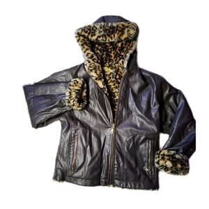 Andy Johns Faux Leather Cheetah Fur Jacket Sz S (7/8) Reversible Girls